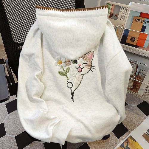 韓版美式可愛貓咪印花慵懶花邊連帽衛衣女秋冬vibe小衆學院風上衣 韓版美式可愛貓咪印花慵懶花邊連帽衛衣女秋冬vibe小衆學院風上衣