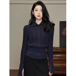 大碼胖MM藏青色V領開叉長袖針織衫女2025新款秋季翻領高級感上衣