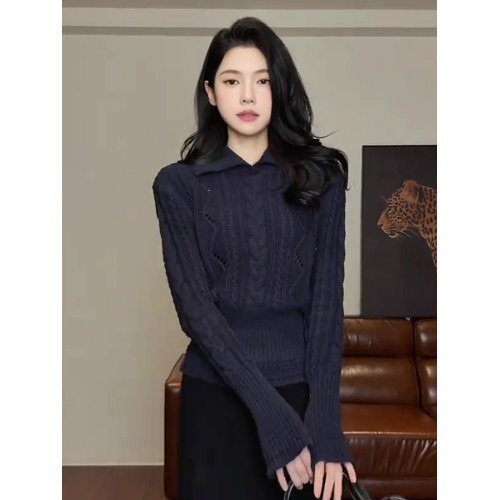 大碼胖MM藏青色V領開叉長袖針織衫女2025新款秋季翻領高級感上衣