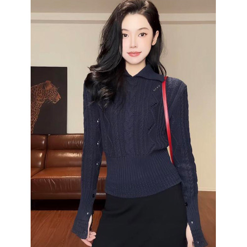 大碼胖MM藏青色V領開叉長袖針織衫女2025新款秋季翻領高級感上衣