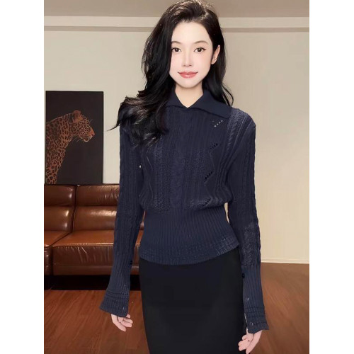 大碼胖MM藏青色V領開叉長袖針織衫女2025新款秋季翻領高級感上衣