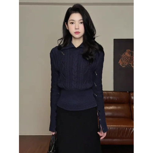 大碼胖MM藏青色V領開叉長袖針織衫女2025新款秋季翻領高級感上衣