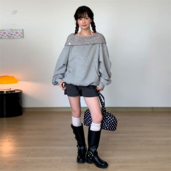 慵懶風設計感一字肩連帽衛衣女2025秋季新款寬松顯瘦休閒洋氣上衣