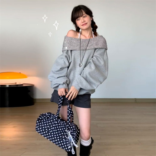 慵懶風設計感一字肩連帽衛衣女2025秋季新款寬松顯瘦休閒洋氣上衣 慵懶風設計感一字肩連帽衛衣女2025秋季新款寬松顯瘦休閒洋氣上衣