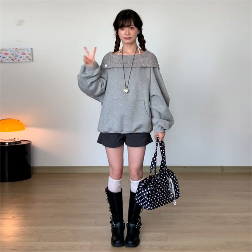 慵懶風設計感一字肩連帽衛衣女2025秋季新款寬松顯瘦休閒洋氣上衣 慵懶風設計感一字肩連帽衛衣女2025秋季新款寬松顯瘦休閒洋氣上衣