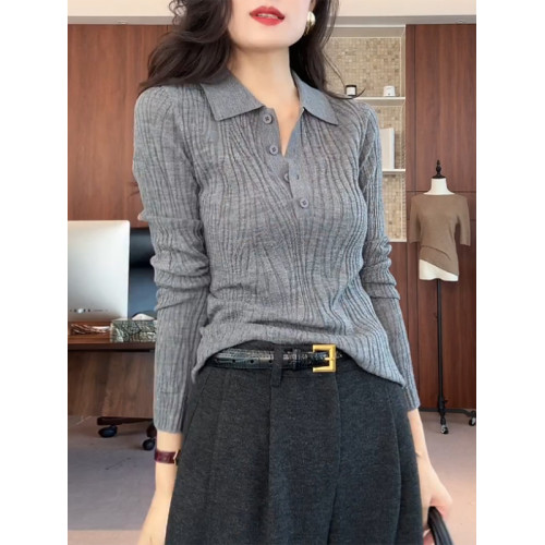 大碼洋氣減齡polo領針織衫女秋季微胖MM顯瘦氣質簡約長袖打底上衣