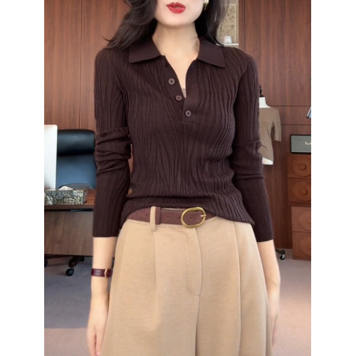 大碼洋氣減齡polo領針織衫女秋季微胖MM顯瘦氣質簡約長袖打底上衣