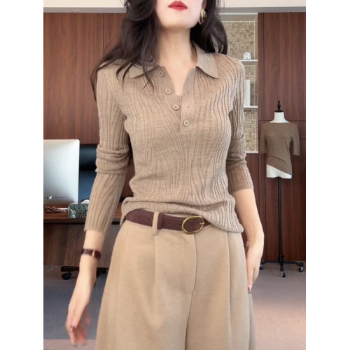 大碼洋氣減齡polo領針織衫女秋季微胖MM顯瘦氣質簡約長袖打底上衣