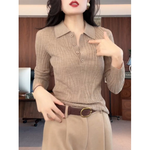 大碼洋氣減齡polo領針織衫女秋季微胖MM顯瘦氣質簡約長袖打底上衣