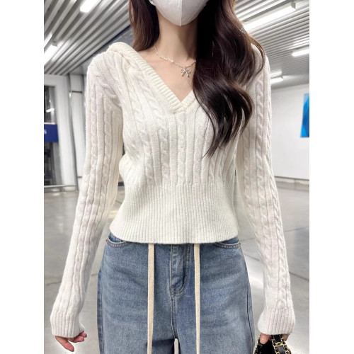 港味風格連帽麻花針織衫女春秋新款洋氣內搭外穿短款毛衣長袖上衣 港味風格連帽麻花針織衫女春秋新款洋氣內搭外穿短款毛衣長袖上衣