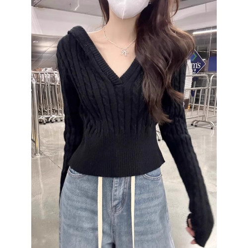 港味風格連帽麻花針織衫女春秋新款洋氣內搭外穿短款毛衣長袖上衣 港味風格連帽麻花針織衫女春秋新款洋氣內搭外穿短款毛衣長袖上衣