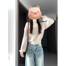 韓系早秋穿搭v領長毛馬海鏤空上衣女秋絞花針織衫罩衫/吊帶兩件套