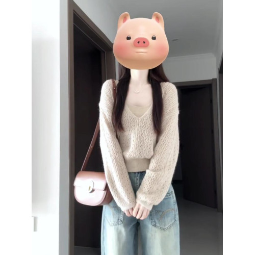 韓系早秋穿搭v領長毛馬海鏤空上衣女秋絞花針織衫罩衫/吊帶兩件套