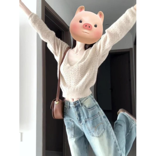 韓系早秋穿搭v領長毛馬海鏤空上衣女秋絞花針織衫罩衫/吊帶兩件套