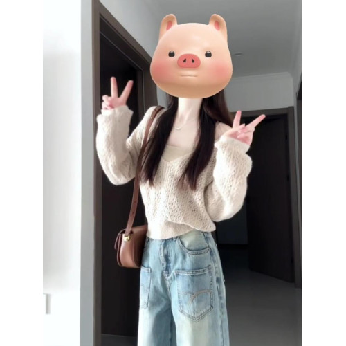 韓系早秋穿搭v領長毛馬海鏤空上衣女秋絞花針織衫罩衫/吊帶兩件套