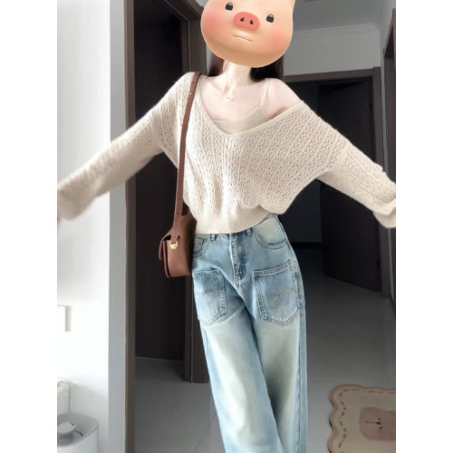 韓系早秋穿搭v領長毛馬海鏤空上衣女秋絞花針織衫罩衫/吊帶兩件套