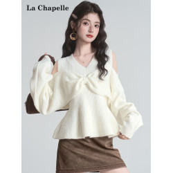 拉夏貝爾白色蝴蝶結設計感v領長袖針織衫女秋季百搭露肩毛衣上衣