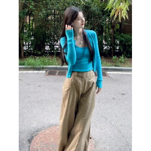 藍色針織開衫內搭打底吊帶上衣兩件套裝女2025新款早秋季韓系穿搭