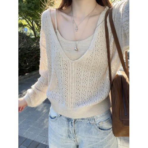 巨好看的韓系秋冬ootd氣質穿搭一整套鏤空針織衫曡穿上衣兩件套裝