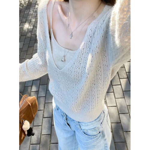 巨好看的韓系秋冬ootd氣質穿搭一整套鏤空針織衫曡穿上衣兩件套裝