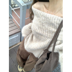 一字肩針織打底小衫女秋冬季內搭寬松長袖露肩厚毛衣外套短款上衣