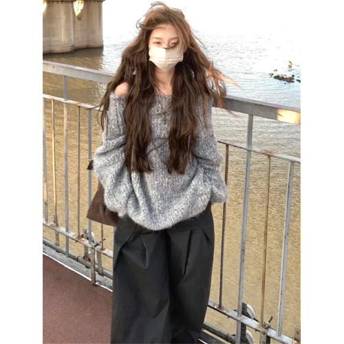 一字肩針織打底小衫女秋冬季內搭寬松長袖露肩厚毛衣外套短款上衣