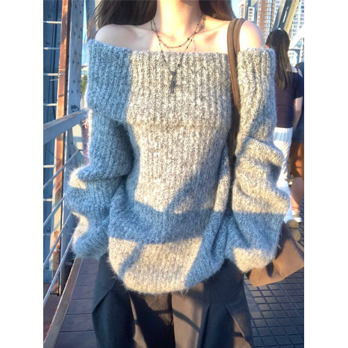 一字肩針織打底小衫女秋冬季內搭寬松長袖露肩厚毛衣外套短款上衣