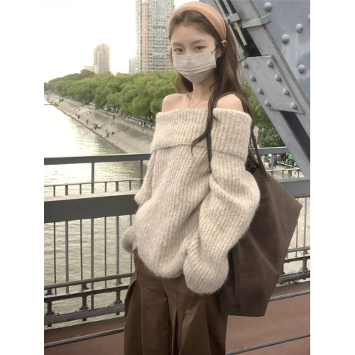 一字肩針織打底小衫女秋冬季內搭寬松長袖露肩厚毛衣外套短款上衣