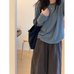 圓領撞色條紋針織長袖t恤女秋季寬松外穿百搭慵懶風顯瘦打底上衣