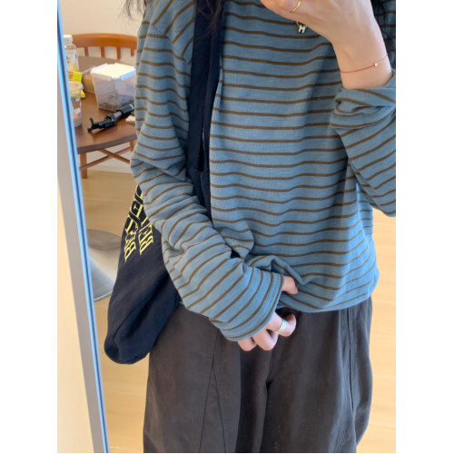 圓領撞色條紋針織長袖t恤女秋季寬松外穿百搭慵懶風顯瘦打底上衣