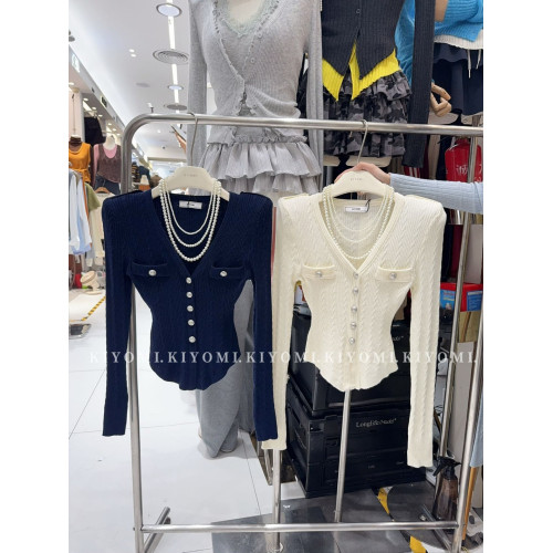 KIYOMI2025秋季新款韓版氣質V領長袖針織衫修身單排釦短款上衣女