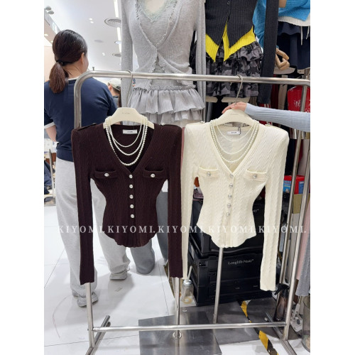 KIYOMI2025秋季新款韓版氣質V領長袖針織衫修身單排釦短款上衣女