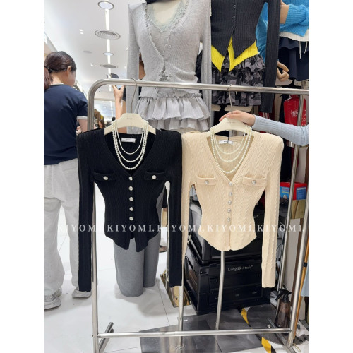 KIYOMI2025秋季新款韓版氣質V領長袖針織衫修身單排釦短款上衣女