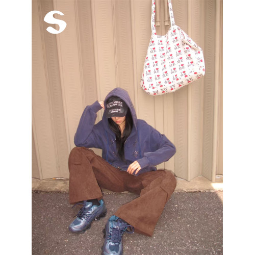 Sleep at 11 早秋季韓系休閒燙鑽連帽拉鍊長袖衛衣開衫外套女上衣