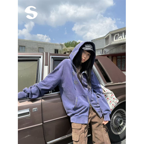 Sleep at 11 早秋季韓系休閒燙鑽連帽拉鍊長袖衛衣開衫外套女上衣