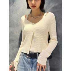 M家時尚百搭修身顯瘦V領長袖針織開衫+吊帶兩件套