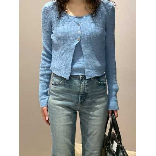 M家時尚百搭修身顯瘦V領長袖針織開衫+吊帶兩件套