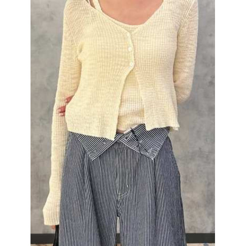 M家時尚百搭修身顯瘦V領長袖針織開衫+吊帶兩件套