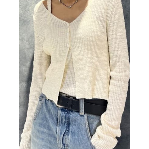 M家時尚百搭修身顯瘦V領長袖針織開衫+吊帶兩件套