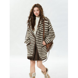 MUXMU 韓系文藝連帽條紋針織衫女秋冬慵懶風寬松顯瘦開衫毛衣外套