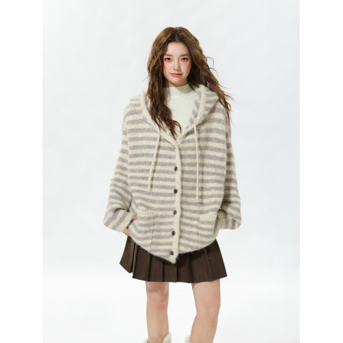 MUXMU 韓系文藝連帽條紋針織衫女秋冬慵懶風寬松顯瘦開衫毛衣外套 MUXMU 韓系文藝連帽條紋針織衫女秋冬慵懶風寬松顯瘦開衫毛衣外套