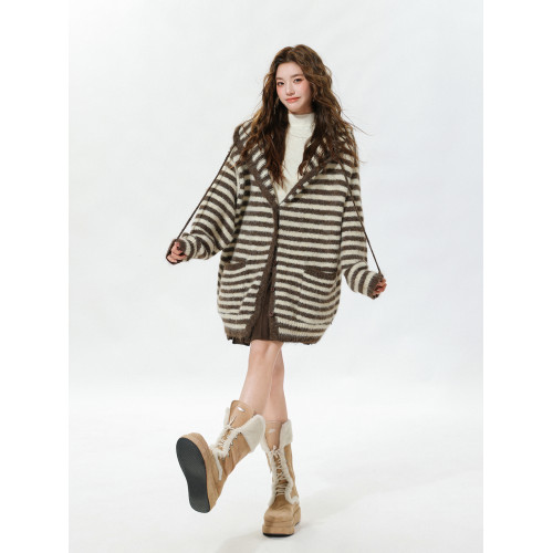 MUXMU 韓系文藝連帽條紋針織衫女秋冬慵懶風寬松顯瘦開衫毛衣外套 MUXMU 韓系文藝連帽條紋針織衫女秋冬慵懶風寬松顯瘦開衫毛衣外套