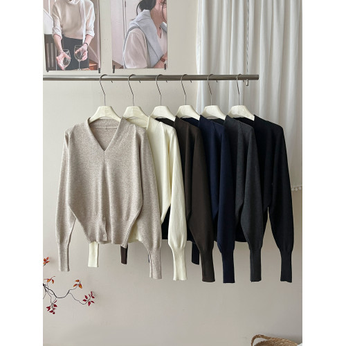 法式老錢風收腰開叉軟糯V領針織衫女秋冬復古百搭洋氣質打底上衣