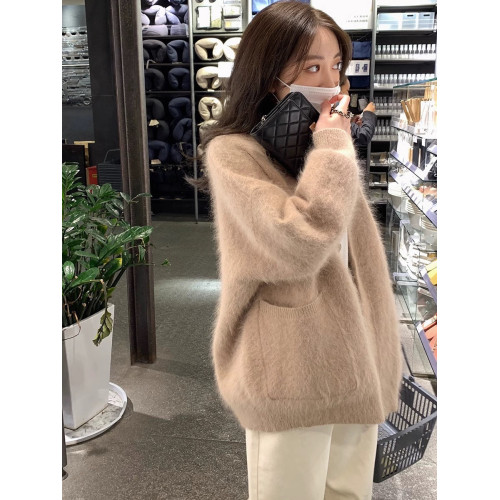 白色水貂毛開衫毛衣外套女秋冬季2025新款溫柔韓系慵嬾中長款針織