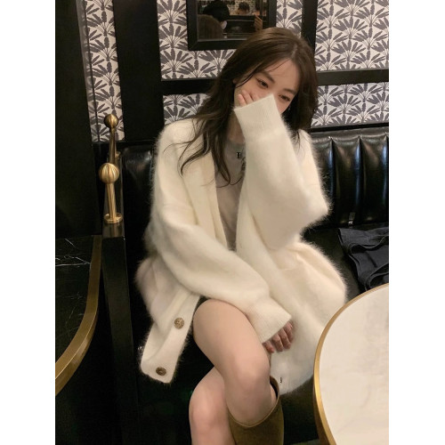 白色水貂毛開衫毛衣外套女秋冬季2025新款溫柔韓系慵嬾中長款針織
