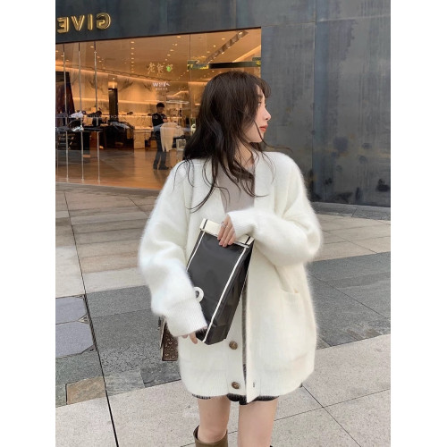 白色水貂毛開衫毛衣外套女秋冬季2025新款溫柔韓系慵嬾中長款針織