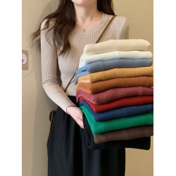 基礎款長袖針織衫女裝秋冬季百搭彈力修身圓領毛衣打底衫內搭上衣