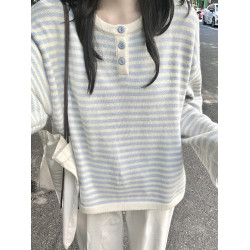 藍色撞色條紋針織衫上衣2025新款慵嬾風早秋季穿搭寬鬆韓系毛衣女