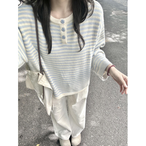 藍色撞色條紋針織衫上衣2025新款慵嬾風早秋季穿搭寬鬆韓系毛衣女