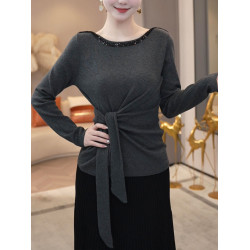 時尚系帶收腰設計長袖針織衫女2025秋冬新款氣質顯瘦媽媽打底上衣